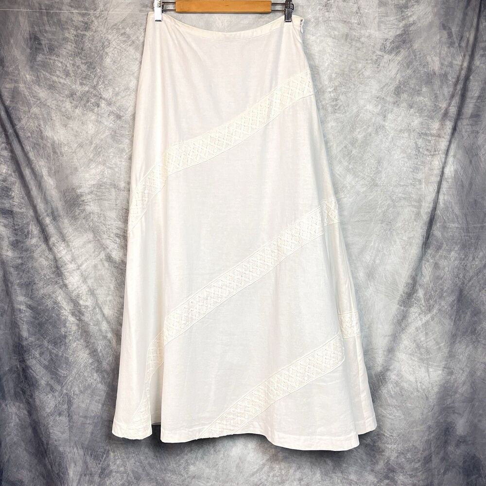 Carol Little White Linen Midi A-Line Skirt Size 10 Lace Trim Lined Cottagecore - Picture 2 of 14